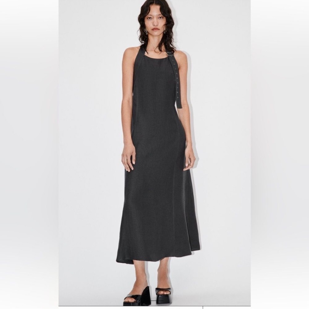 New ZARA Midi dress 100% linen neck metal buckle Open back gray